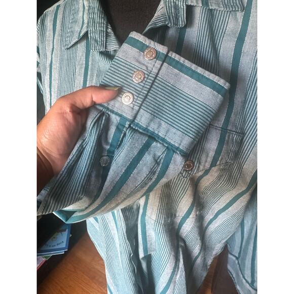 Western Craft Snap Shirt Mens Large Green Stripe Snap Buttons - Picture 5 of 9